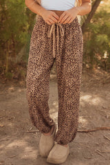 Pantalon sarouel beige foncé léopard à cordon et poches plaquées