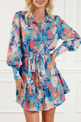 Robe chemise bleue ceinturée à manches lanternes et imprimé floral