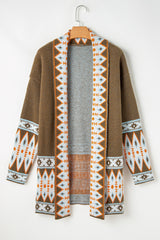Cardigan tricoté marron à imprimé aztèque ouvert sur le devant-A WOMAN WE LOVE