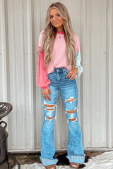 Haut à manches longues et épaules tombantes en patchwork color block à cordon rose