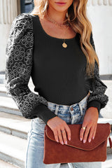 Black Ribbed Knit Top with Puff Sleeves and Flowers