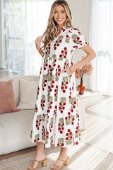 Robe longue beige à volants et manches courtes bouffantes à fleurs