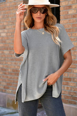 Gray oversized sweater with short sleeves and side slit