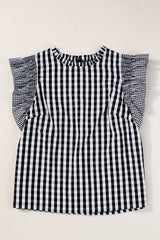 Chemisier noir à carreaux, manches à volants et col à volants-A WOMAN WE LOVE