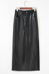 Jupe longue noire en simili cuir à taille haute et fente latérale