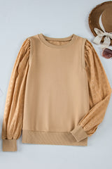 Plain pale khaki crew neck sweatshirt with patchwork sleeves