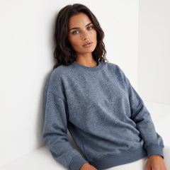 Sweat-shirt bleu uni en tricot côtelé à col rond