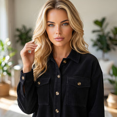 Black buttoned jacket with flap pocket in corduroy