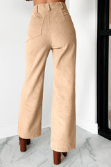 Pantalon droit beige en velours côtelé à empiècements contrastés