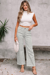 Jean taille haute à jambe large et bord effiloché léopard gris