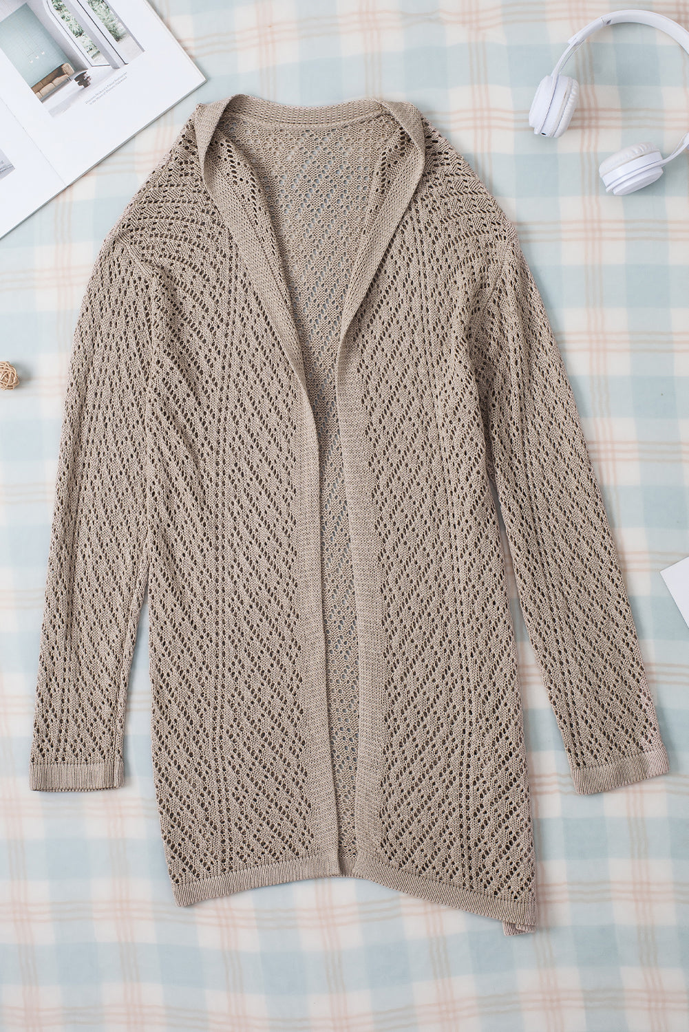 Cardigan ouvert sur le devant en tricot pointelle de couleur unie gris fumée-A WOMAN WE LOVE