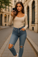 Crop top côtelé à col bardot beige