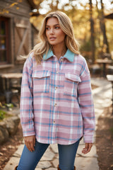 Loose jacket with collar and flap pockets in pink plaid print