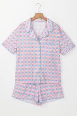 Set of short -sleeved pajamas with purple checkered pattern