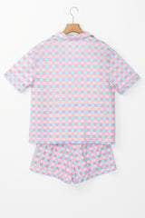 Set of short -sleeved pajamas with purple checkered pattern