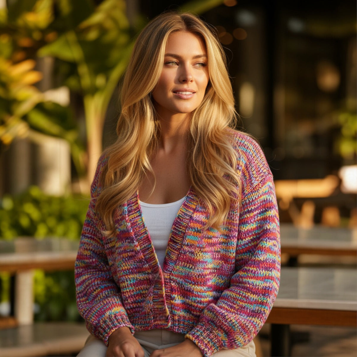 Pink cardigan open on the front with drooping shoulders and confetti