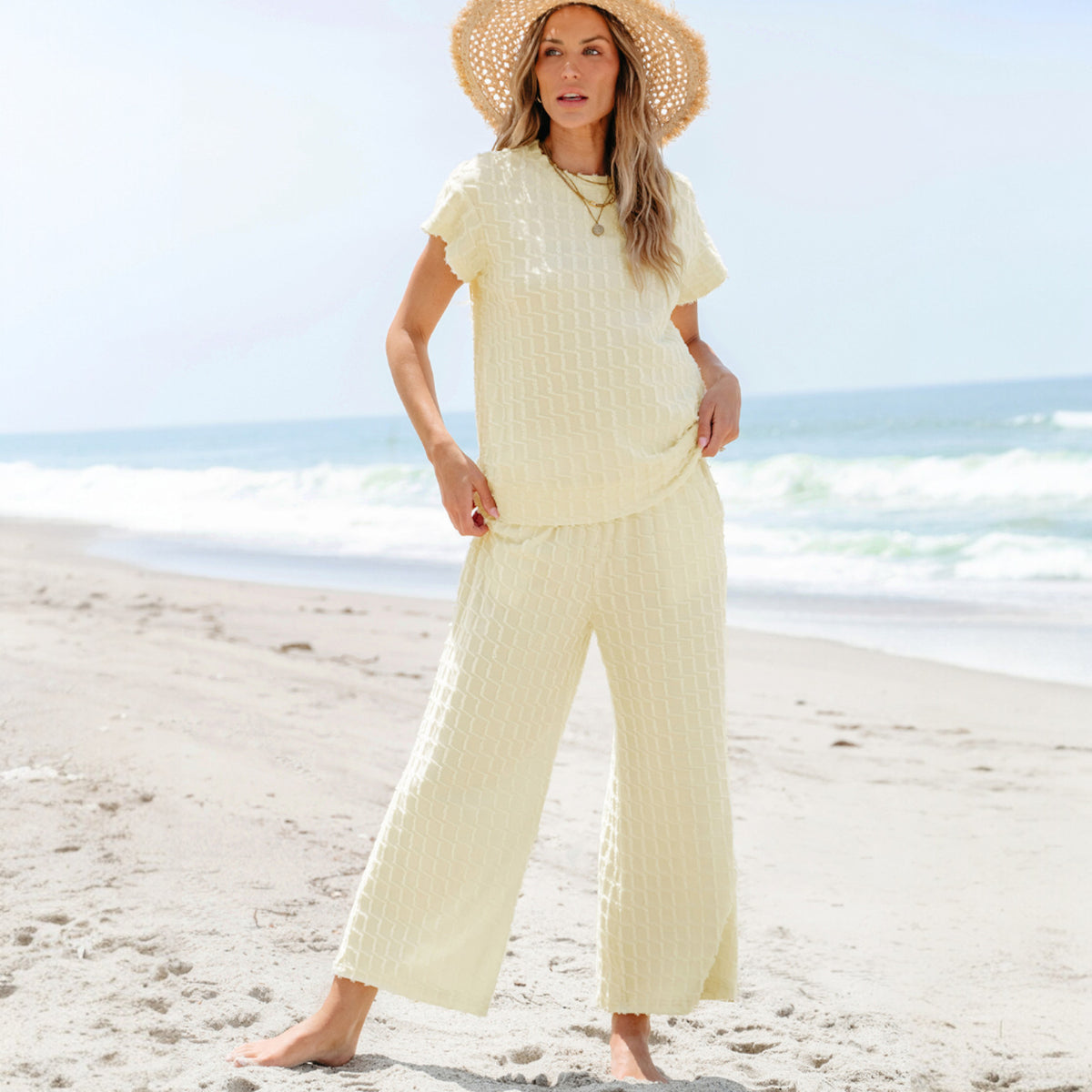 Apricot Metallic Textured Casual Two Piece Set