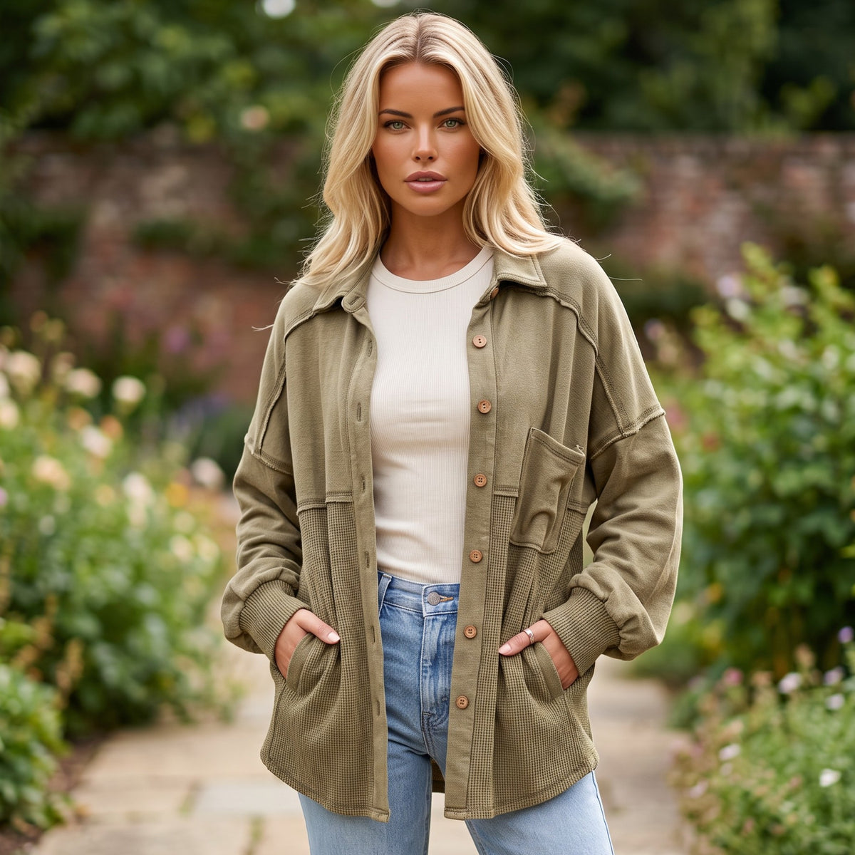 Chaqueta sorprendida abotonada en Moss Roam Knitting