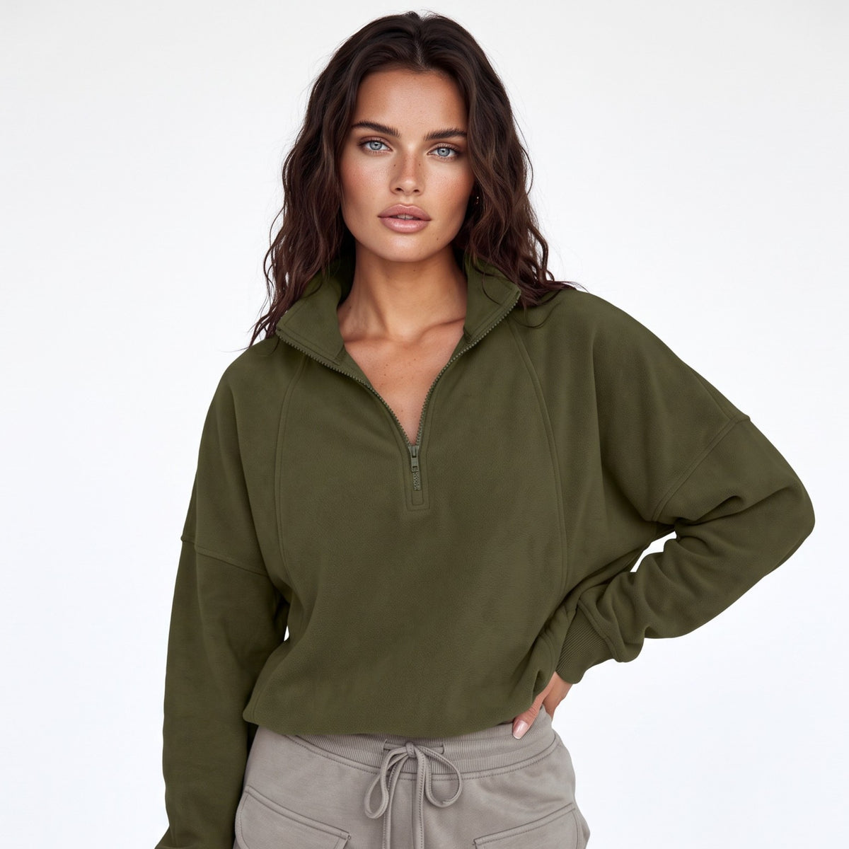 Jungle Green Drop Shoulder Zip Neck Sweatshirt