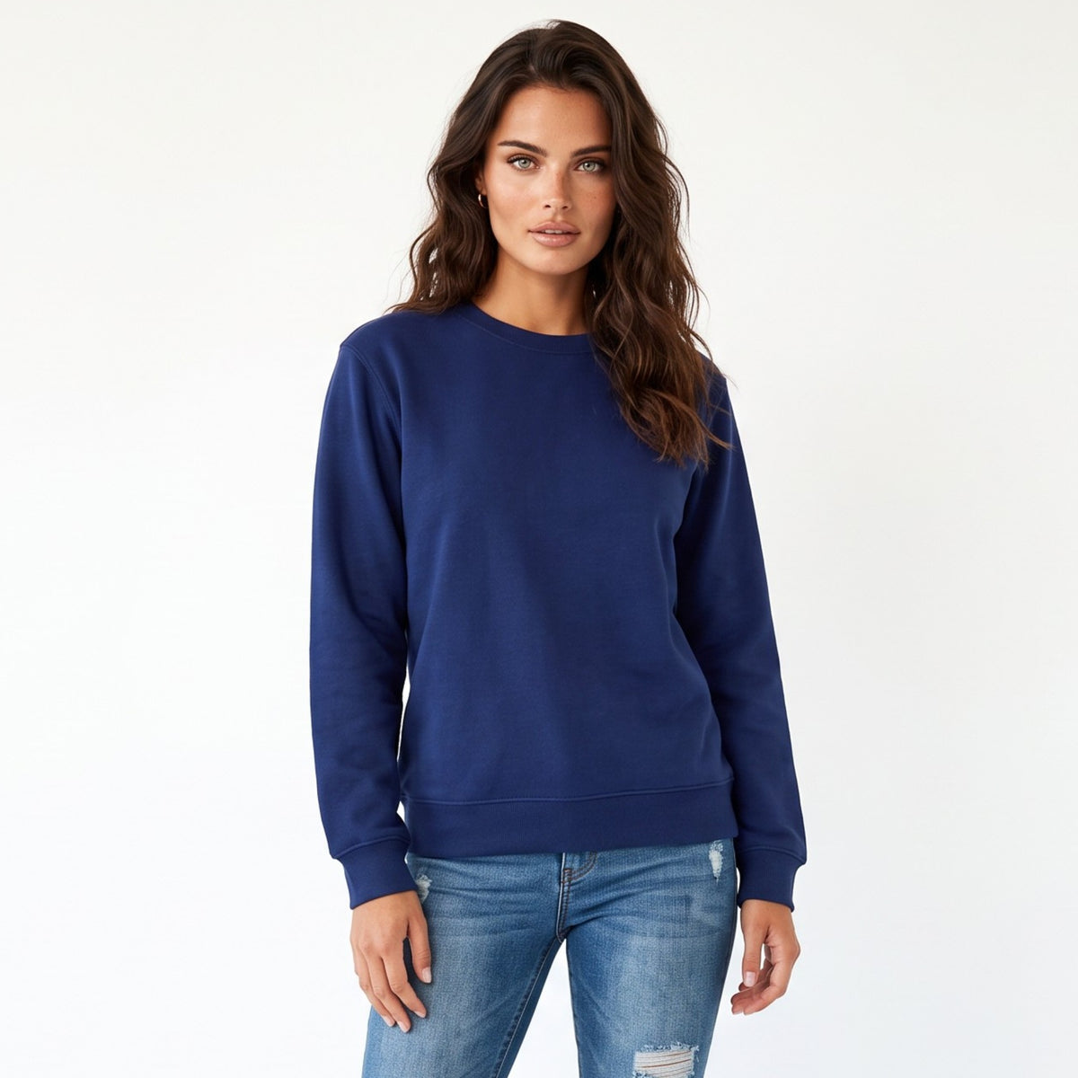 Navy blue sponge fabric sweatshirt with drooping shoulder and united fleece lining