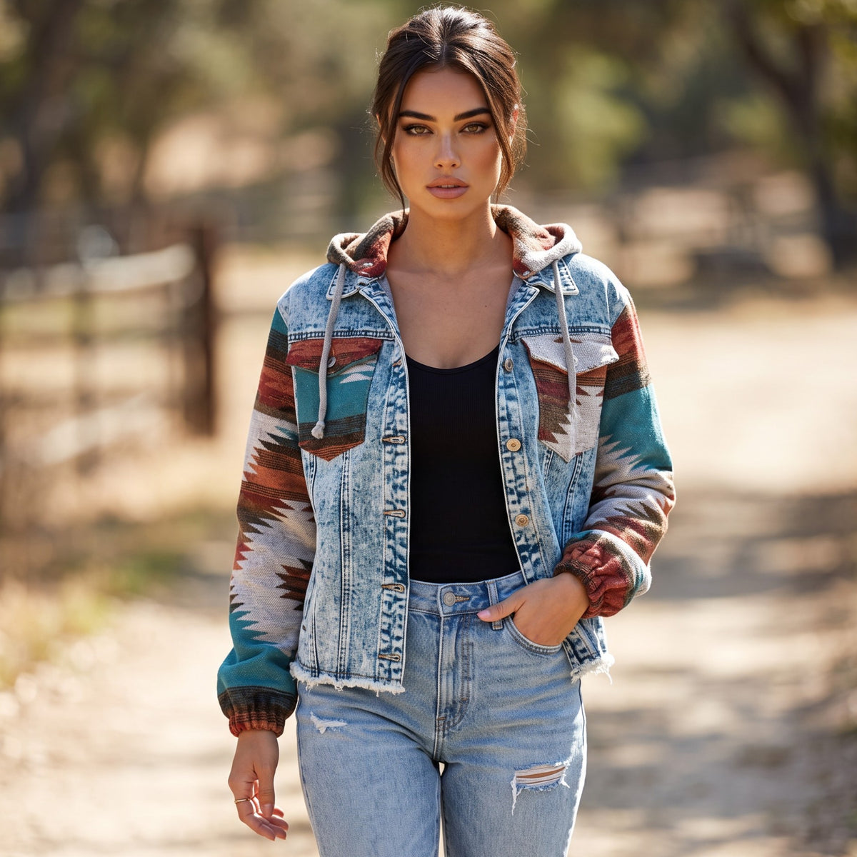 Multicolored denim jacket with aztec print *
