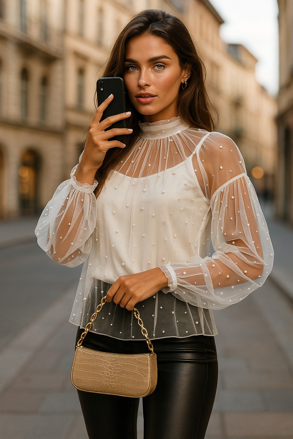 ✨ Chemisier en tulle transparente perlée