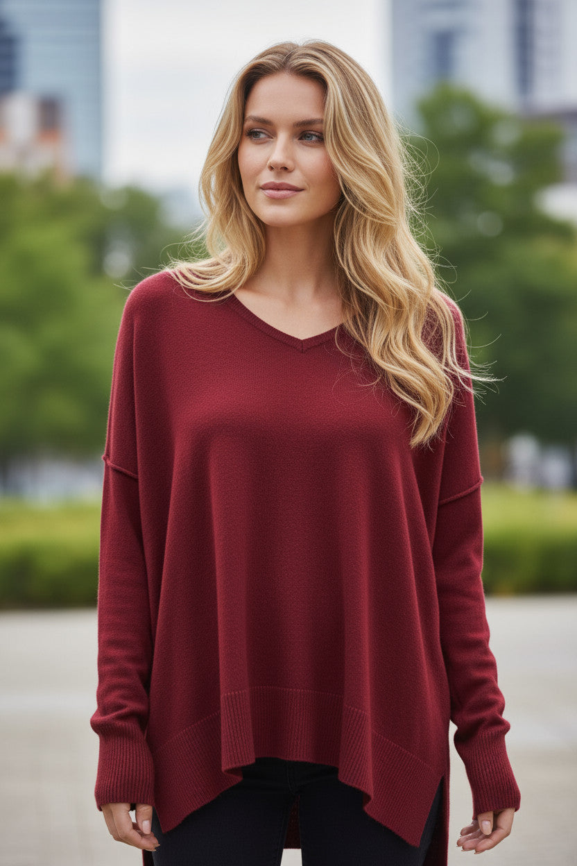 ❤️ Pull rouge col V asymétrique