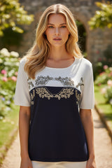 🤍💙 Haut bicolore à broderies feuillage – MARA CAROL