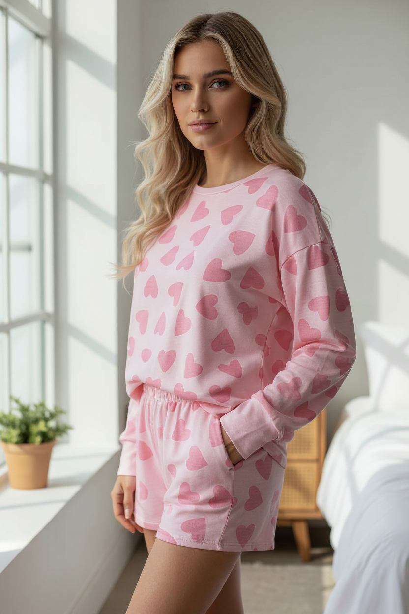 Pink Lounge set con pantalones cortos altos y de manga corta impresas en forma de corazón para el Día de San Valentín