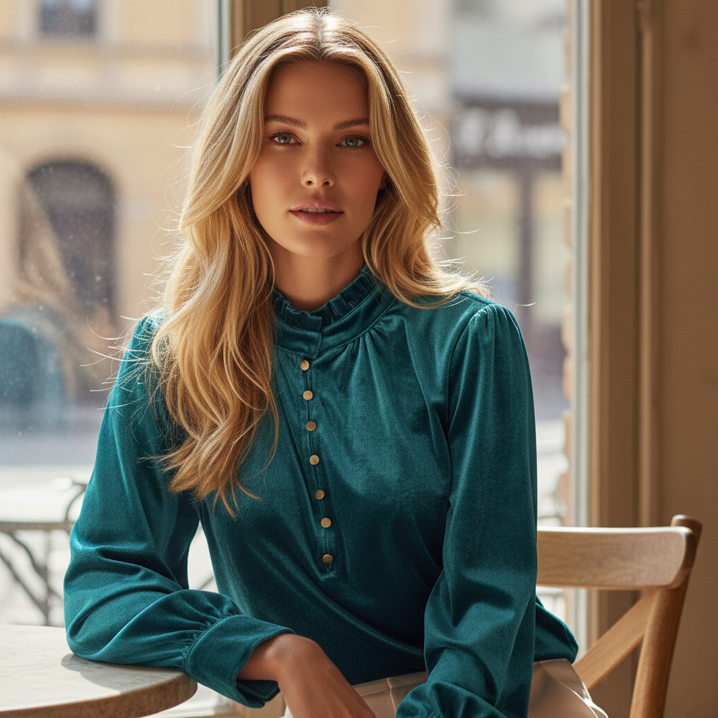 Green velvet top buttoned on the front *