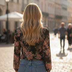 Blusa negra cruzada floral impreso en collar en v *