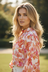 Floral print blouse and pearl button with lock hole *