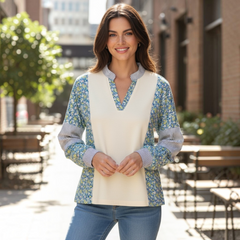 Sweat-shirt beige imprimé floral et rayé à col chemise