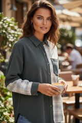 Grey Plaid Corduroy Long Buttoned Jacket