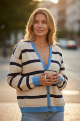 Large Cardigan Boutonnate with drooping shoulder color block white