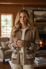 Cárdigan marrón con cremallera con cuello y borde acanalado estampado occidental