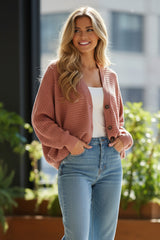 Cardigan Pull Côtelé à Manches Chauve-Souris