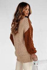 Khaki patchwork sweater in mixed textured knit color block