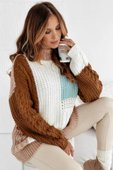 Khaki patchwork sweater in mixed textured knit color block
