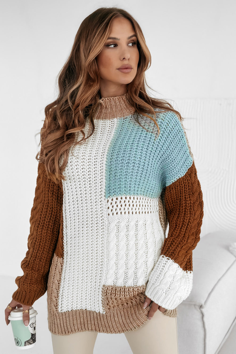 Khaki patchwork sweater in mixed textured knit color block