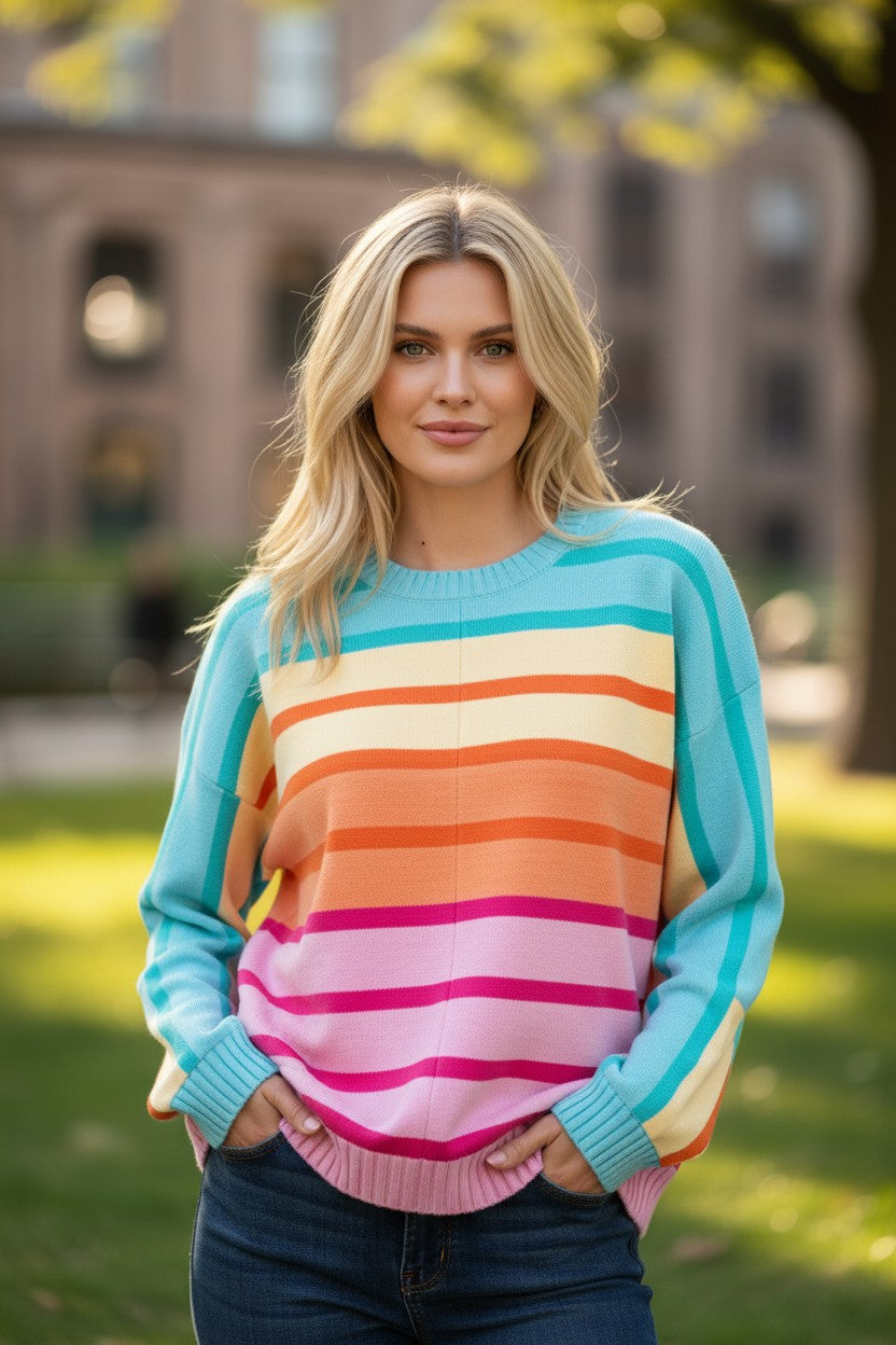 Loose-fitting yellow striped and gradient sweater with ribbed edges