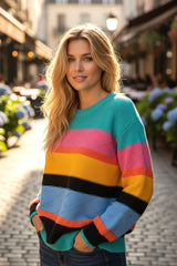 Yellow sweater with drooping shoulders and mixed textures color block