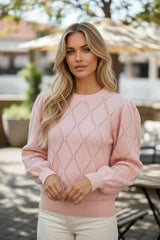 Pull court à manches bouffantes et carreaux ajourés rose Gossamer