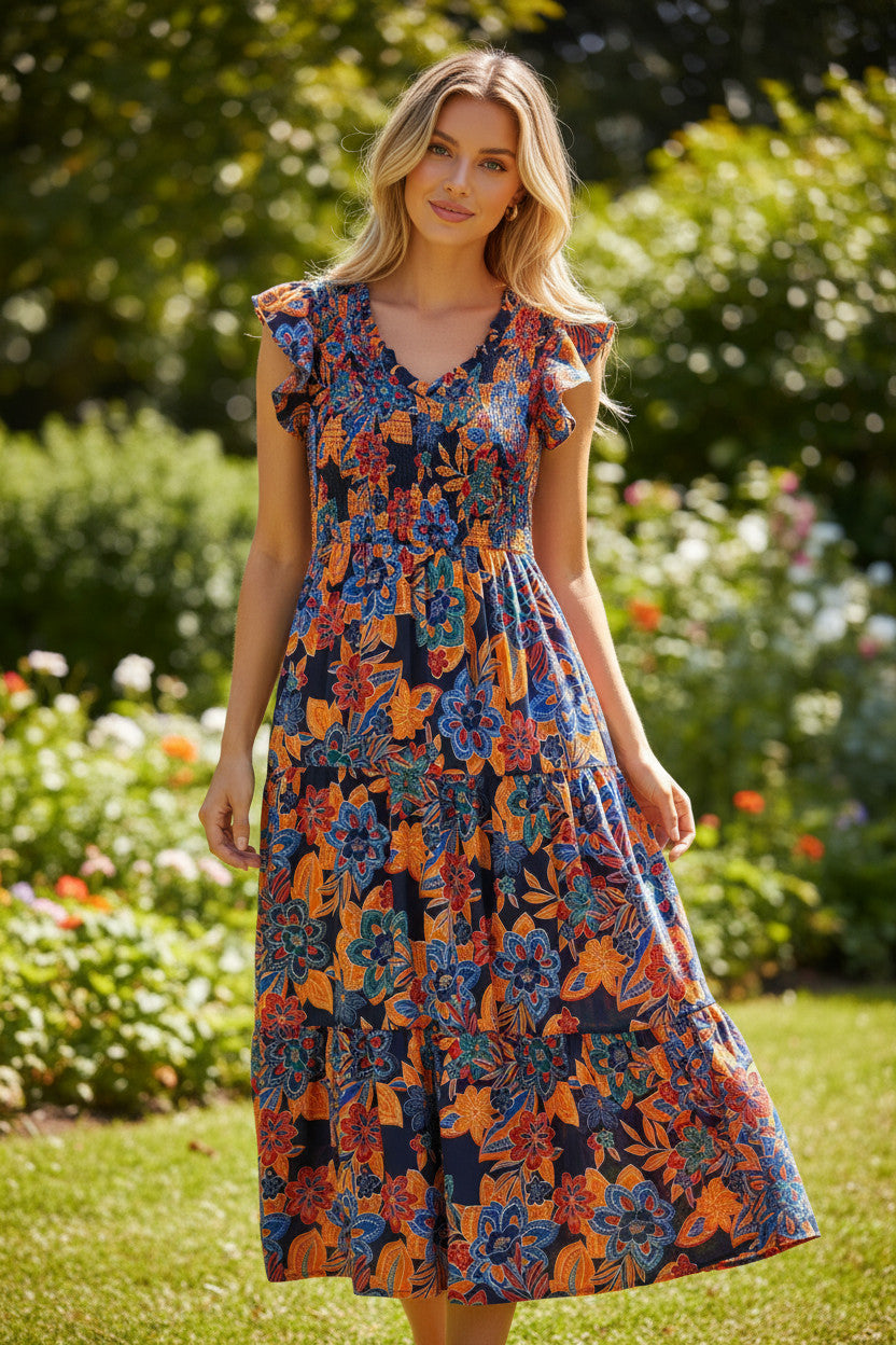 Vestido floral bohemio largo en V -neck y volantes en varios niveles de azul oscuro