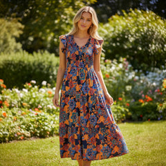Vestido floral bohemio largo en V -neck y volantes en varios niveles de azul oscuro