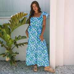 Robe longue à volants et col carré à imprimé floral bleu