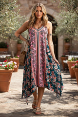 Bohemian pink floral print patchwork long summer dress