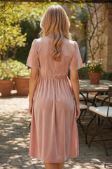 Robe longue fluide en velours châtaigne, décolleté en V, manches courtes, taille empire