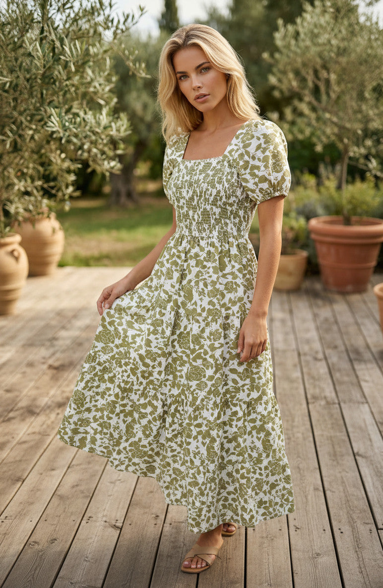 Robe longue à volants à fleurs jaune style bohème