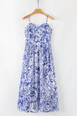 Robe longue taille haute à bretelles spaghetti et imprimé floral bleu ciel